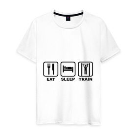 Мужская футболка хлопок с принтом Еда сон тренировки (Eat, Sleep, Train) в Белгороде, 100% хлопок | прямой крой, круглый вырез горловины, длина до линии бедер, слегка спущенное плечо. | eat | sleep | train | еда | сон | спорт | тренировки