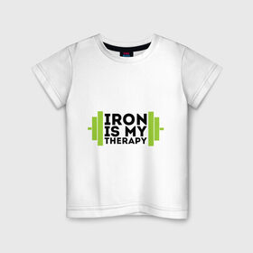 Детская футболка хлопок с принтом Железо-это моя терапия в Белгороде, 100% хлопок | круглый вырез горловины, полуприлегающий силуэт, длина до линии бедер | железо это моя терапия | силовой спорт | спорт