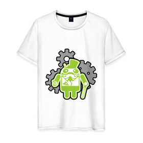 Мужская футболка хлопок с принтом андройд джельтельмен в Белгороде, 100% хлопок | прямой крой, круглый вырез горловины, длина до линии бедер, слегка спущенное плечо. | андройд | андройд джельтельмен | зеленный  андройд | профессии админам