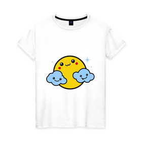 Женская футболка хлопок с принтом Солнышко с облаками в Белгороде, 100% хлопок | прямой крой, круглый вырез горловины, длина до линии бедер, слегка спущенное плечо | позитив и смайлы | прикольные картинки | солнышко с облаками