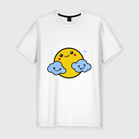 Мужская футболка премиум с принтом Солнышко с облаками в Белгороде, 92% хлопок, 8% лайкра | приталенный силуэт, круглый вырез ворота, длина до линии бедра, короткий рукав | позитив и смайлы | прикольные картинки | солнышко с облаками