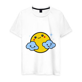 Мужская футболка хлопок с принтом Солнышко с облаками в Белгороде, 100% хлопок | прямой крой, круглый вырез горловины, длина до линии бедер, слегка спущенное плечо. | позитив и смайлы | прикольные картинки | солнышко с облаками