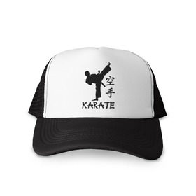 Кепка тракер с сеткой с принтом Karate (Карате) в Белгороде, трикотажное полотно; задняя часть — сетка | длинный козырек, универсальный размер, пластиковая застежка | karate | единоборства | карате | спорт