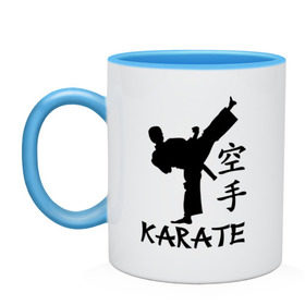 Кружка двухцветная с принтом Karate (Карате) в Белгороде, керамика | объем — 330 мл, диаметр — 80 мм. Цветная ручка и кайма сверху, в некоторых цветах — вся внутренняя часть | Тематика изображения на принте: karate | единоборства | карате | спорт