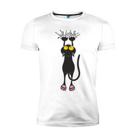 Мужская футболка премиум с принтом Висящий кот в Белгороде, 92% хлопок, 8% лайкра | приталенный силуэт, круглый вырез ворота, длина до линии бедра, короткий рукав | висящий кот | когти | котик | котяра | кошки | милый кот | повис | черный кот
