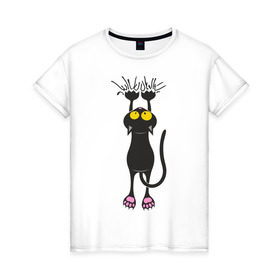 Женская футболка хлопок с принтом Висящий кот в Белгороде, 100% хлопок | прямой крой, круглый вырез горловины, длина до линии бедер, слегка спущенное плечо | Тематика изображения на принте: висящий кот | когти | котик | котяра | кошки | милый кот | повис | черный кот