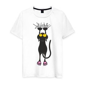 Мужская футболка хлопок с принтом Висящий кот в Белгороде, 100% хлопок | прямой крой, круглый вырез горловины, длина до линии бедер, слегка спущенное плечо. | висящий кот | когти | котик | котяра | кошки | милый кот | повис | черный кот