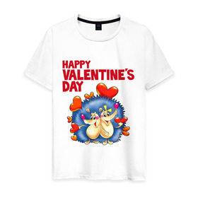 Мужская футболка хлопок с принтом Ёжики с сердечками в Белгороде, 100% хлопок | прямой крой, круглый вырез горловины, длина до линии бедер, слегка спущенное плечо. | влюбленные ежики | день святого валентина | ежики | ёжики с сердечками | идеи подарков | любовь | сердечки