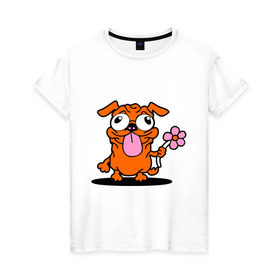 Женская футболка хлопок с принтом собачка с цветочком в Белгороде, 100% хлопок | прямой крой, круглый вырез горловины, длина до линии бедер, слегка спущенное плечо | животное | любовь | милый песик | песик | собачка с цветочком | цветок