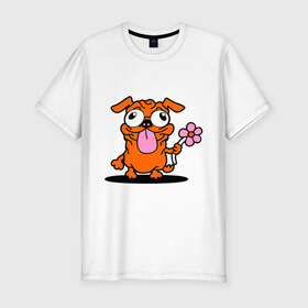 Мужская футболка премиум с принтом собачка с цветочком в Белгороде, 92% хлопок, 8% лайкра | приталенный силуэт, круглый вырез ворота, длина до линии бедра, короткий рукав | Тематика изображения на принте: животное | любовь | милый песик | песик | собачка с цветочком | цветок