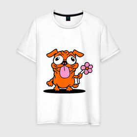 Мужская футболка хлопок с принтом собачка с цветочком в Белгороде, 100% хлопок | прямой крой, круглый вырез горловины, длина до линии бедер, слегка спущенное плечо. | животное | любовь | милый песик | песик | собачка с цветочком | цветок