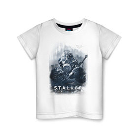 Детская футболка хлопок с принтом STALKER в Белгороде, 100% хлопок | круглый вырез горловины, полуприлегающий силуэт, длина до линии бедер | shooter | stalker | постапокалиптические | припять | радиация | сталкер | чернобыль | шутер