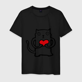 Мужская футболка хлопок с принтом Влюбенный котик в Белгороде, 100% хлопок | прямой крой, круглый вырез горловины, длина до линии бедер, слегка спущенное плечо. | Тематика изображения на принте: 14 febrary | 14 февраля | cat | heart | love | saint valentines day | влюбленные | влюбленным | день святого валентина | кот | любовь | пара | подарок влюбленным | сердце
