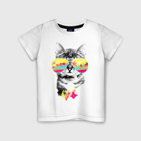 Детская футболка хлопок с принтом Солнечный кот в Белгороде, 100% хлопок | круглый вырез горловины, полуприлегающий силуэт, длина до линии бедер | киска | кот | лето | отпуск | очки | пляж | солнечный кот | турист