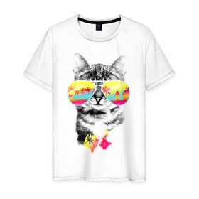 Мужская футболка хлопок с принтом Солнечный кот в Белгороде, 100% хлопок | прямой крой, круглый вырез горловины, длина до линии бедер, слегка спущенное плечо. | киска | кот | лето | отпуск | очки | пляж | солнечный кот | турист