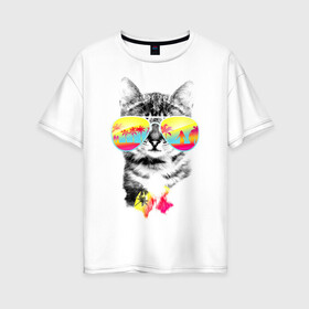 Женская футболка хлопок Oversize с принтом Солнечный кот в Белгороде, 100% хлопок | свободный крой, круглый ворот, спущенный рукав, длина до линии бедер
 | киска | кот | лето | отпуск | очки | пляж | солнечный кот | турист