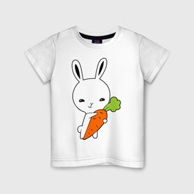 Детская футболка хлопок с принтом Зайчик с морковкой в Белгороде, 100% хлопок | круглый вырез горловины, полуприлегающий силуэт, длина до линии бедер | Тематика изображения на принте: животные | зайка | зайчик | зайчик с морковкой | морковка