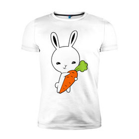 Мужская футболка премиум с принтом Зайчик с морковкой в Белгороде, 92% хлопок, 8% лайкра | приталенный силуэт, круглый вырез ворота, длина до линии бедра, короткий рукав | Тематика изображения на принте: животные | зайка | зайчик | зайчик с морковкой | морковка