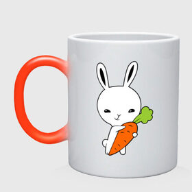 Кружка хамелеон с принтом Зайчик с морковкой в Белгороде, керамика | меняет цвет при нагревании, емкость 330 мл | Тематика изображения на принте: животные | зайка | зайчик | зайчик с морковкой | морковка