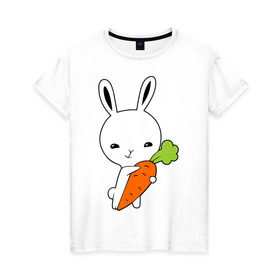 Женская футболка хлопок с принтом Зайчик с морковкой в Белгороде, 100% хлопок | прямой крой, круглый вырез горловины, длина до линии бедер, слегка спущенное плечо | животные | зайка | зайчик | зайчик с морковкой | морковка