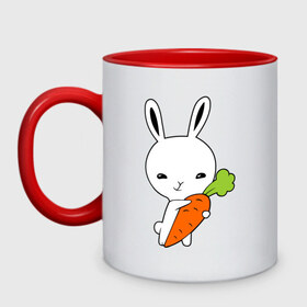 Кружка двухцветная с принтом Зайчик с морковкой в Белгороде, керамика | объем — 330 мл, диаметр — 80 мм. Цветная ручка и кайма сверху, в некоторых цветах — вся внутренняя часть | Тематика изображения на принте: животные | зайка | зайчик | зайчик с морковкой | морковка