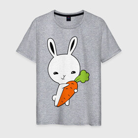 Мужская футболка хлопок с принтом Зайчик с морковкой в Белгороде, 100% хлопок | прямой крой, круглый вырез горловины, длина до линии бедер, слегка спущенное плечо. | Тематика изображения на принте: животные | зайка | зайчик | зайчик с морковкой | морковка