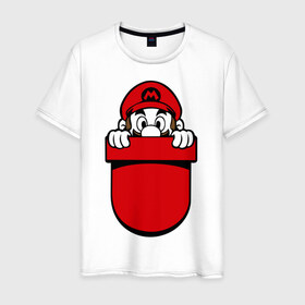 Мужская футболка хлопок с принтом Марио в кармане в Белгороде, 100% хлопок | прямой крой, круглый вырез горловины, длина до линии бедер, слегка спущенное плечо. | nintendo | марио | нинтендо
