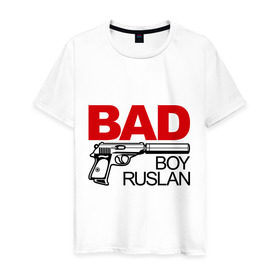 Мужская футболка хлопок с принтом Плохой мальчик Руслан в Белгороде, 100% хлопок | прямой крой, круглый вырез горловины, длина до линии бедер, слегка спущенное плечо. | rus | ruslan | имена | имя | мальчик | парень | рус | руслан