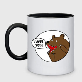Кружка двухцветная с принтом Медведь - я люблю тебя в Белгороде, керамика | объем — 330 мл, диаметр — 80 мм. Цветная ручка и кайма сверху, в некоторых цветах — вся внутренняя часть | i | love | you | люблю | любовь | медвед | медведь