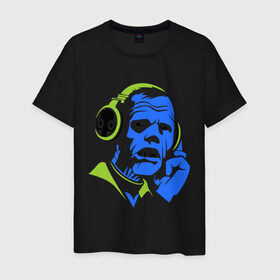 Мужская футболка хлопок с принтом Зомби в наушниках в Белгороде, 100% хлопок | прямой крой, круглый вырез горловины, длина до линии бедер, слегка спущенное плечо. | Тематика изображения на принте: зомби