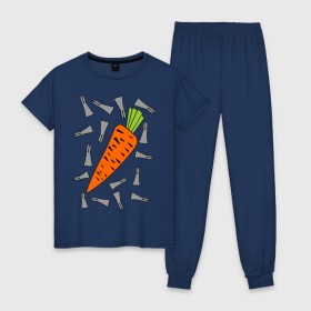 Женская пижама хлопок с принтом морковка и кролик парная в Белгороде, 100% хлопок | брюки и футболка прямого кроя, без карманов, на брюках мягкая резинка на поясе и по низу штанин | Тематика изображения на принте: 14 февраля | все | день святого валентина | для двоих | идеи подарков | морковка и кролик | парные