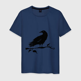 Мужская футболка хлопок с принтом Ворон на ветке в Белгороде, 100% хлопок | прямой крой, круглый вырез горловины, длина до линии бедер, слегка спущенное плечо. | ворон на ветке | птица | птица на ветке | черный ворон