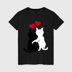 Женская футболка хлопок с принтом Кот и кошка в Белгороде, 100% хлопок | прямой крой, круглый вырез горловины, длина до линии бедер, слегка спущенное плечо | день святого валентина | идеи подарков | кот и кошка | котята | кошки | любовь | прикольные картинки | сердечки