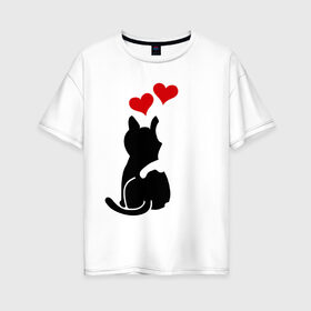 Женская футболка хлопок Oversize с принтом Кот и кошка в Белгороде, 100% хлопок | свободный крой, круглый ворот, спущенный рукав, длина до линии бедер
 | день святого валентина | идеи подарков | кот и кошка | котята | кошки | любовь | прикольные картинки | сердечки