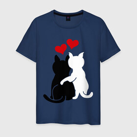 Мужская футболка хлопок с принтом Кот и кошка в Белгороде, 100% хлопок | прямой крой, круглый вырез горловины, длина до линии бедер, слегка спущенное плечо. | день святого валентина | идеи подарков | кот и кошка | котята | кошки | любовь | прикольные картинки | сердечки