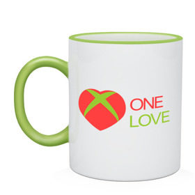 Кружка двухцветная с принтом xbox - one love в Белгороде, керамика | объем — 330 мл, диаметр — 80 мм. Цветная ручка и кайма сверху, в некоторых цветах — вся внутренняя часть | one love | xbox | одна любовь