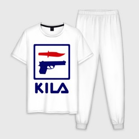 Мужская пижама хлопок с принтом Kila в Белгороде, 100% хлопок | брюки и футболка прямого кроя, без карманов, на брюках мягкая резинка на поясе и по низу штанин
 | Тематика изображения на принте: 23 февраля | kila | выстрел | нож | пистолет | угроза