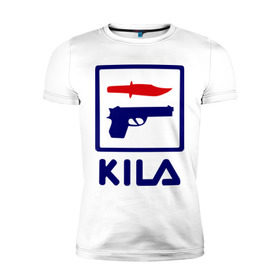 Мужская футболка премиум с принтом Kila в Белгороде, 92% хлопок, 8% лайкра | приталенный силуэт, круглый вырез ворота, длина до линии бедра, короткий рукав | Тематика изображения на принте: 23 февраля | kila | выстрел | нож | пистолет | угроза