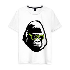 Мужская футболка хлопок с принтом Горилла в очках в Белгороде, 100% хлопок | прямой крой, круглый вырез горловины, длина до линии бедер, слегка спущенное плечо. | Тематика изображения на принте: гаврила | горилла в очках | животные | обезьяна | прикольные картинки