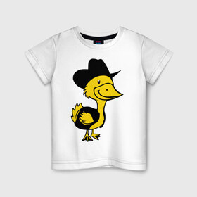 Детская футболка хлопок с принтом Утка в Белгороде, 100% хлопок | круглый вырез горловины, полуприлегающий силуэт, длина до линии бедер | Тематика изображения на принте: животные | ковбой | прикольные картинки | утка | утка в шляпе | шляпа