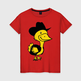 Женская футболка хлопок с принтом Утка в Белгороде, 100% хлопок | прямой крой, круглый вырез горловины, длина до линии бедер, слегка спущенное плечо | животные | ковбой | прикольные картинки | утка | утка в шляпе | шляпа
