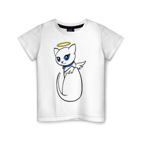 Детская футболка хлопок с принтом Кошечка ангел в Белгороде, 100% хлопок | круглый вырез горловины, полуприлегающий силуэт, длина до линии бедер | крылья