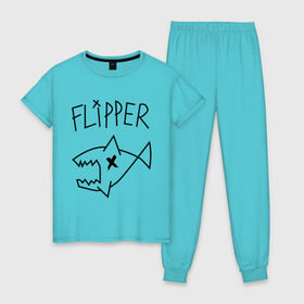 Женская пижама хлопок с принтом Flipper в Белгороде, 100% хлопок | брюки и футболка прямого кроя, без карманов, на брюках мягкая резинка на поясе и по низу штанин | Тематика изображения на принте: nirvana | акула | курта кобейна flipper | музыка | рок