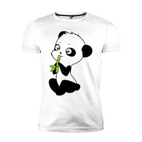 Мужская футболка премиум с принтом Пандочка и бамбук в Белгороде, 92% хлопок, 8% лайкра | приталенный силуэт, круглый вырез ворота, длина до линии бедра, короткий рукав | панда