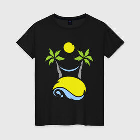 Женская футболка хлопок с принтом Море, пальмы, песок, гамак в Белгороде, 100% хлопок | прямой крой, круглый вырез горловины, длина до линии бедер, слегка спущенное плечо | гамак | море | пальмы | песок | туристические
