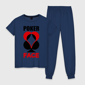 Женская пижама хлопок с принтом Poker face в Белгороде, 100% хлопок | брюки и футболка прямого кроя, без карманов, на брюках мягкая резинка на поясе и по низу штанин | poker face | игры | карты | покер