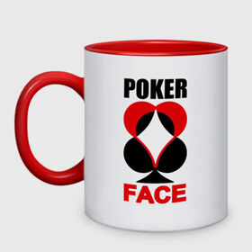 Кружка двухцветная с принтом Poker face в Белгороде, керамика | объем — 330 мл, диаметр — 80 мм. Цветная ручка и кайма сверху, в некоторых цветах — вся внутренняя часть | poker face | игры | карты | покер