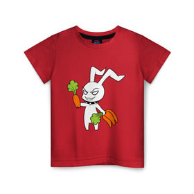 Детская футболка хлопок с принтом Злой зайчик в Белгороде, 100% хлопок | круглый вырез горловины, полуприлегающий силуэт, длина до линии бедер | Тематика изображения на принте: животные | зайка | злой зайчик | кролик | морковка | прикольные картинки