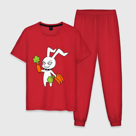 Мужская пижама хлопок с принтом Злой зайчик в Белгороде, 100% хлопок | брюки и футболка прямого кроя, без карманов, на брюках мягкая резинка на поясе и по низу штанин
 | Тематика изображения на принте: животные | зайка | злой зайчик | кролик | морковка | прикольные картинки
