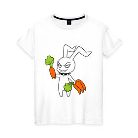 Женская футболка хлопок с принтом Злой зайчик в Белгороде, 100% хлопок | прямой крой, круглый вырез горловины, длина до линии бедер, слегка спущенное плечо | Тематика изображения на принте: животные | зайка | злой зайчик | кролик | морковка | прикольные картинки